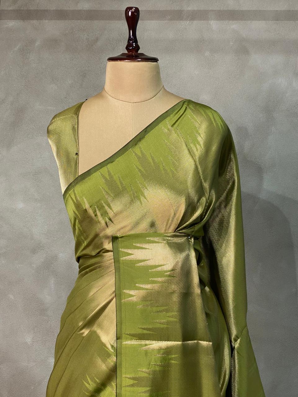 Parrot green Temple border brocade banarasi silk saree - PIH31A