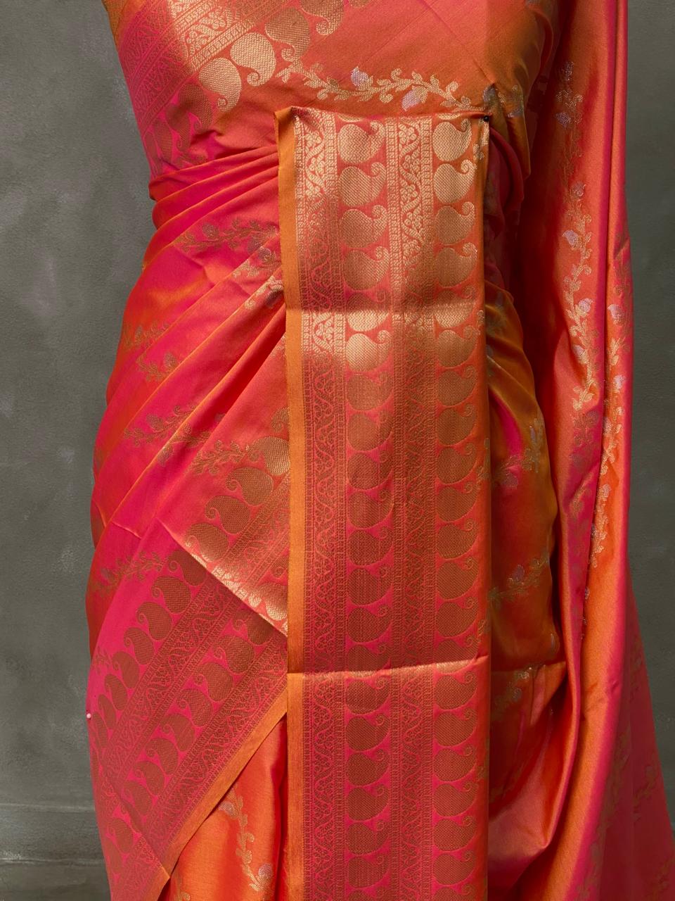 Pinkish orange banarasi silk saree - PIH32C