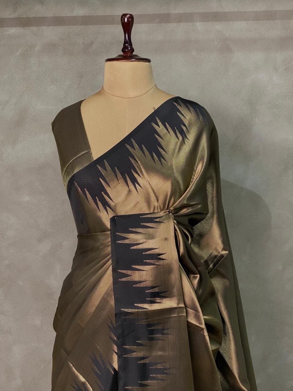 Black Temple border brocade banarasi silk saree - PIH31B