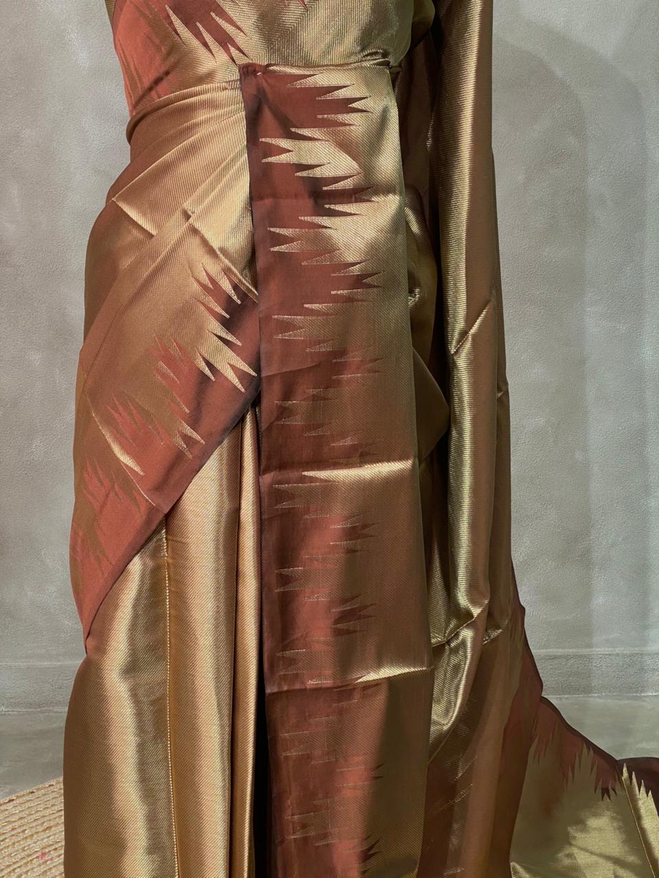 Brown Temple border brocade banarasi silk saree - PIH31C