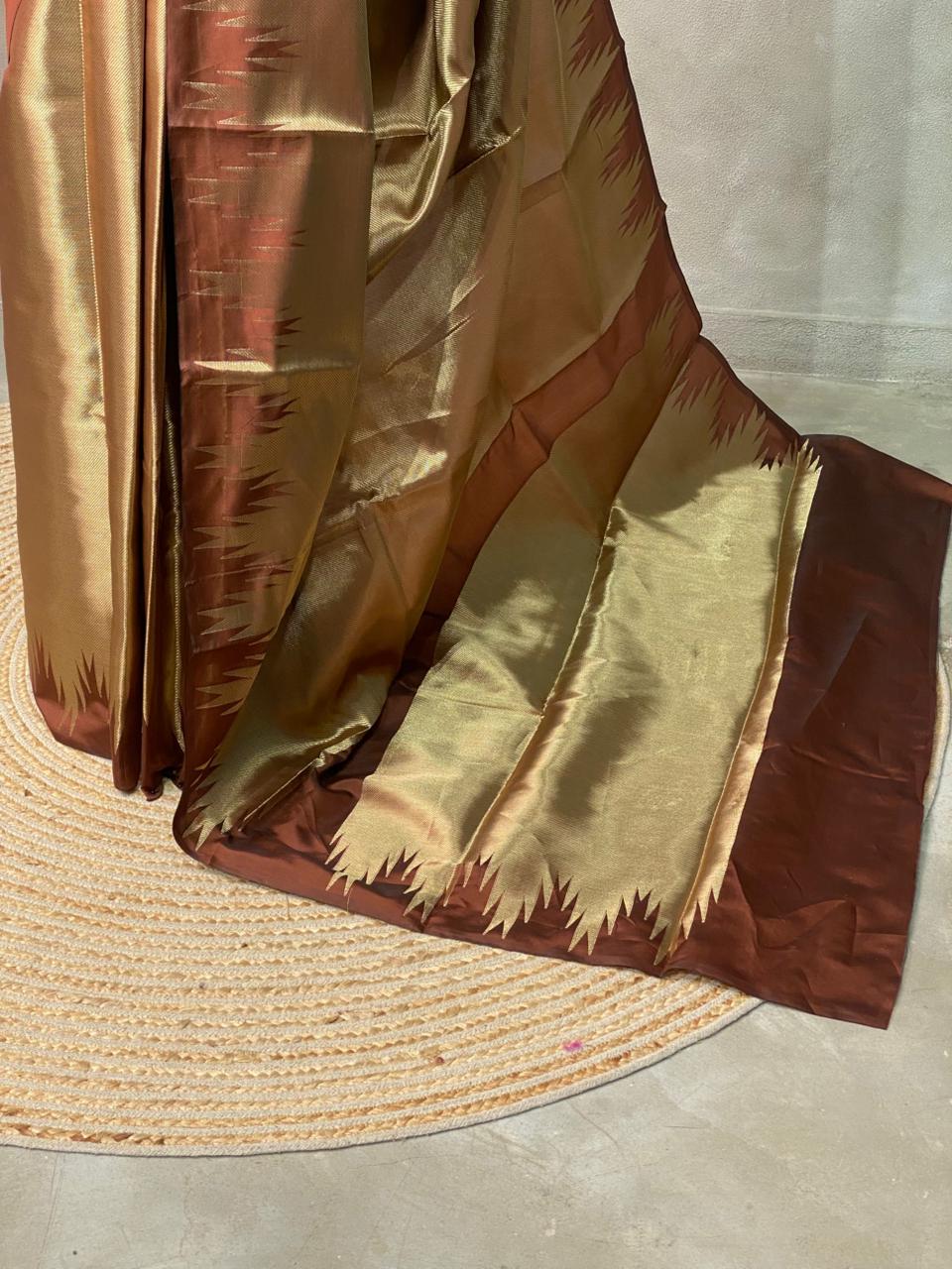 Brown Temple border brocade banarasi silk saree - PIH31C