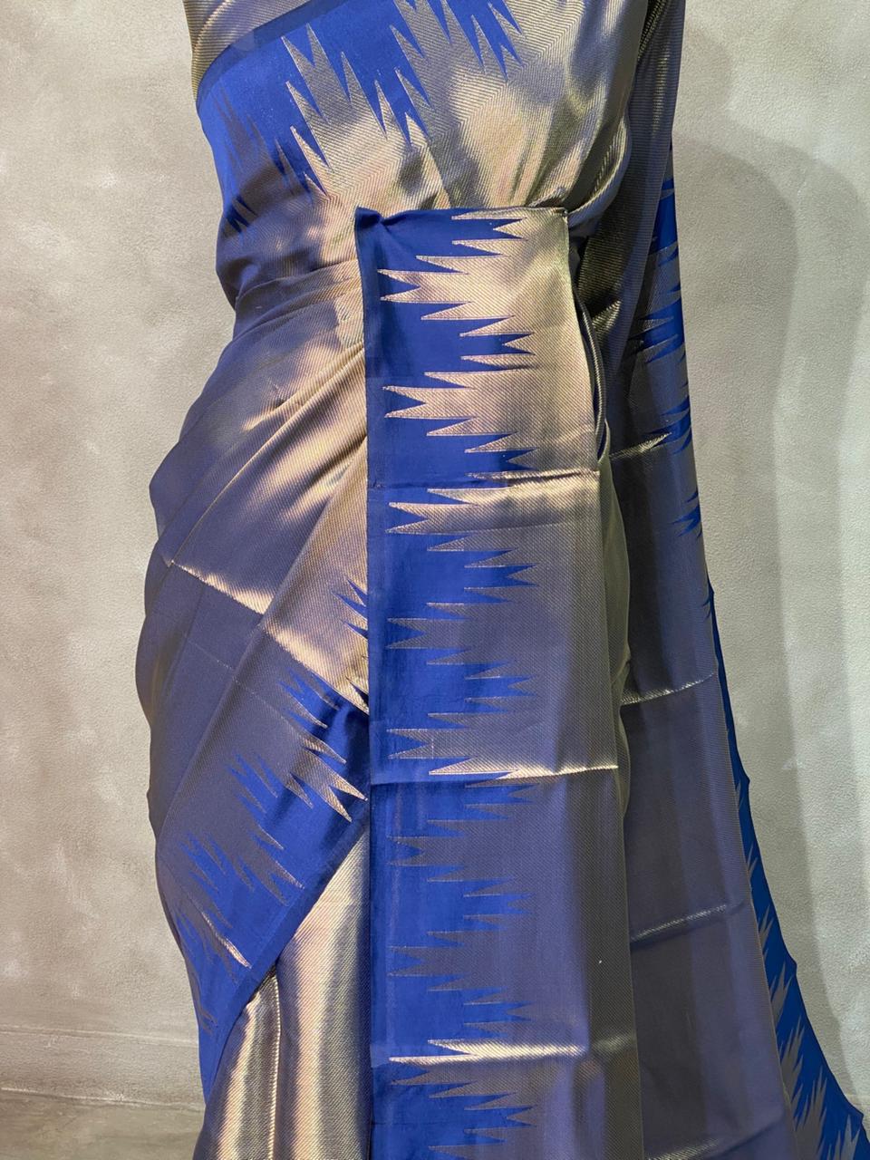 Blue Temple border brocade banarasi silk saree - PIH31D