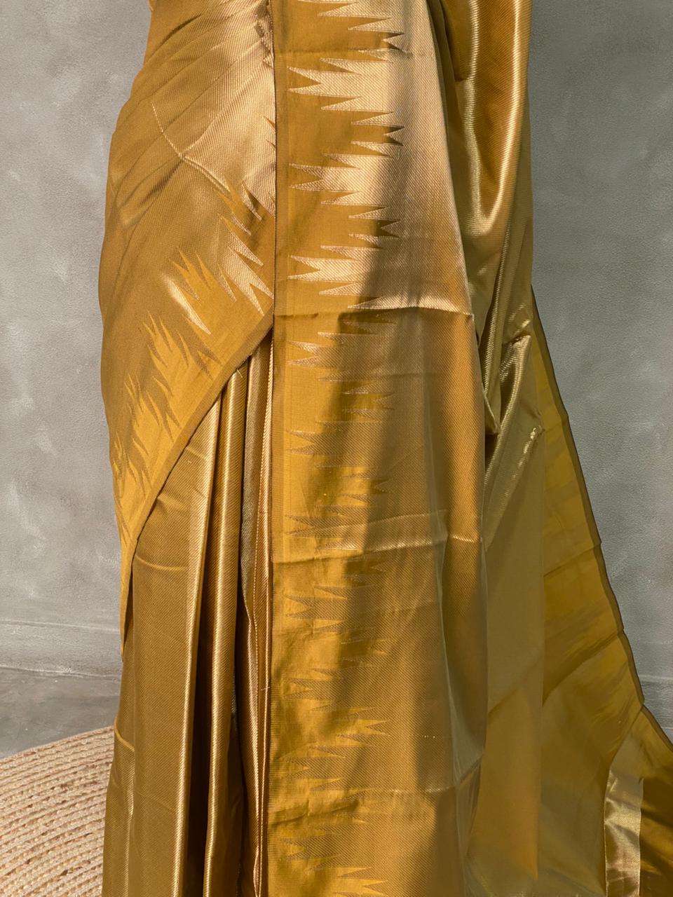 Mustard Yellow Temple border brocade banarasi silk saree - PIH31F