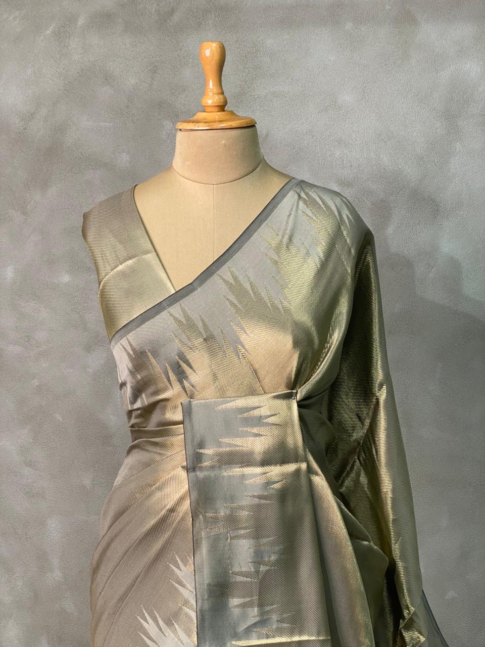 Grey Temple border brocade banarasi silk saree - PIH31G