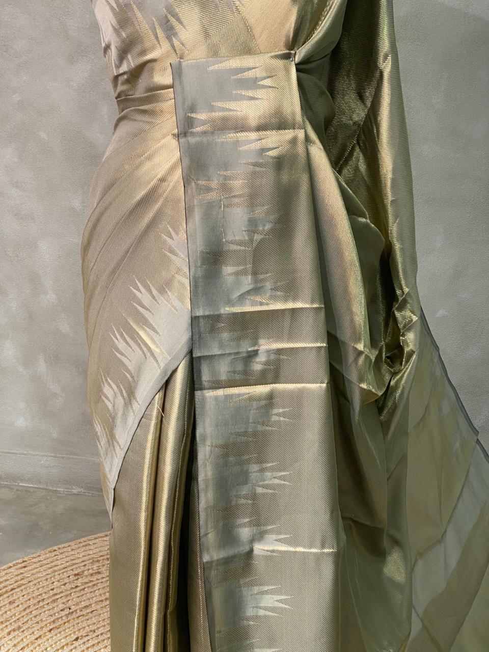 Grey Temple border brocade banarasi silk saree - PIH31G