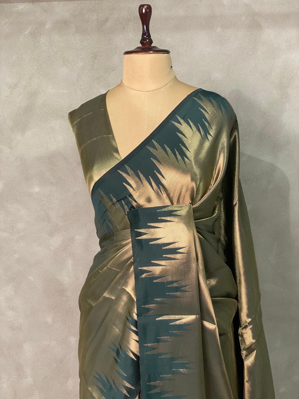 Dark Green Temple border brocade banarasi silk saree - PIH31H