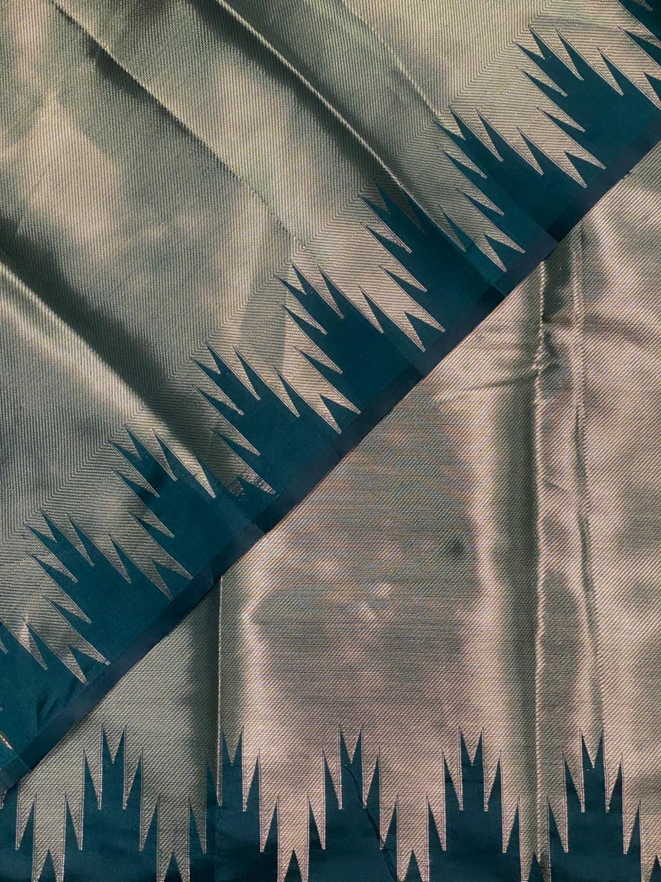 Dark Green Temple border brocade banarasi silk saree - PIH31H