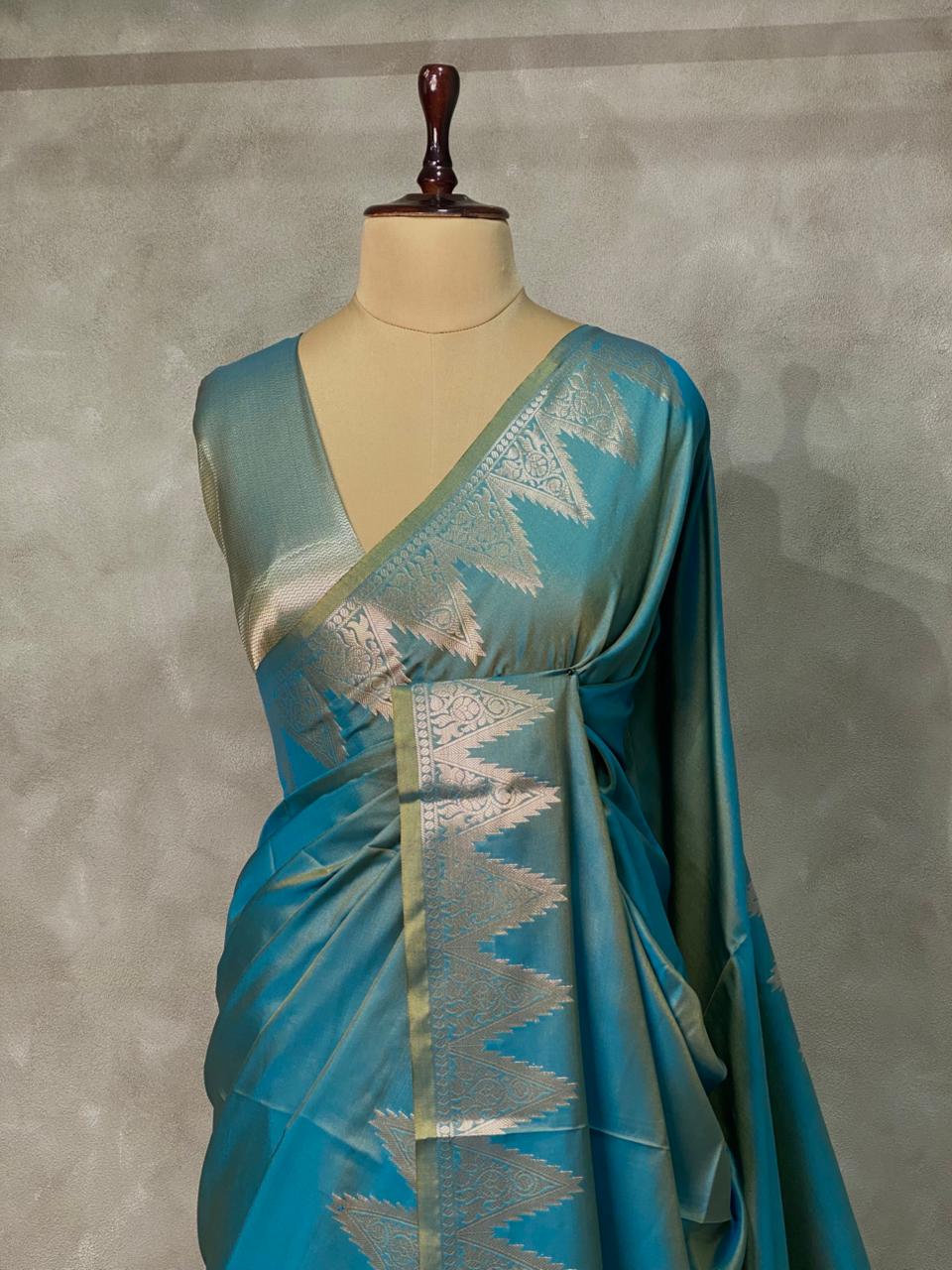 Greenish Blue Semi banarasi silk saree -PIH37D