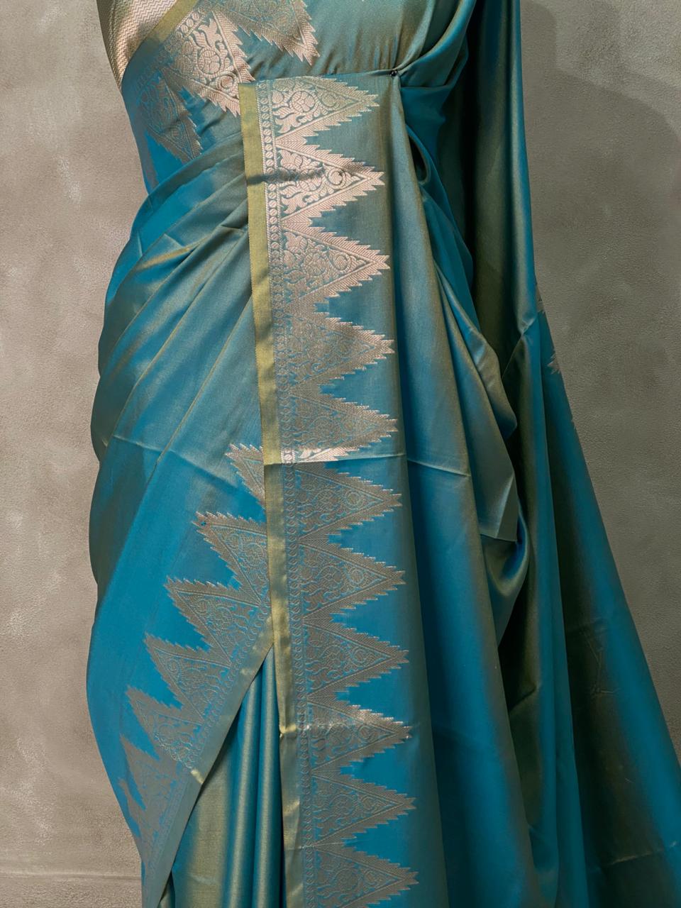 Greenish Blue Semi banarasi silk saree -PIH37D