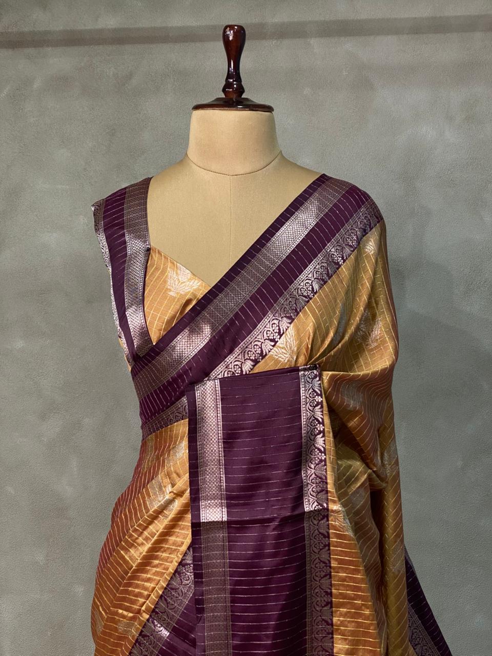 Golden yellow and purple Gajji silk saree -PIH34