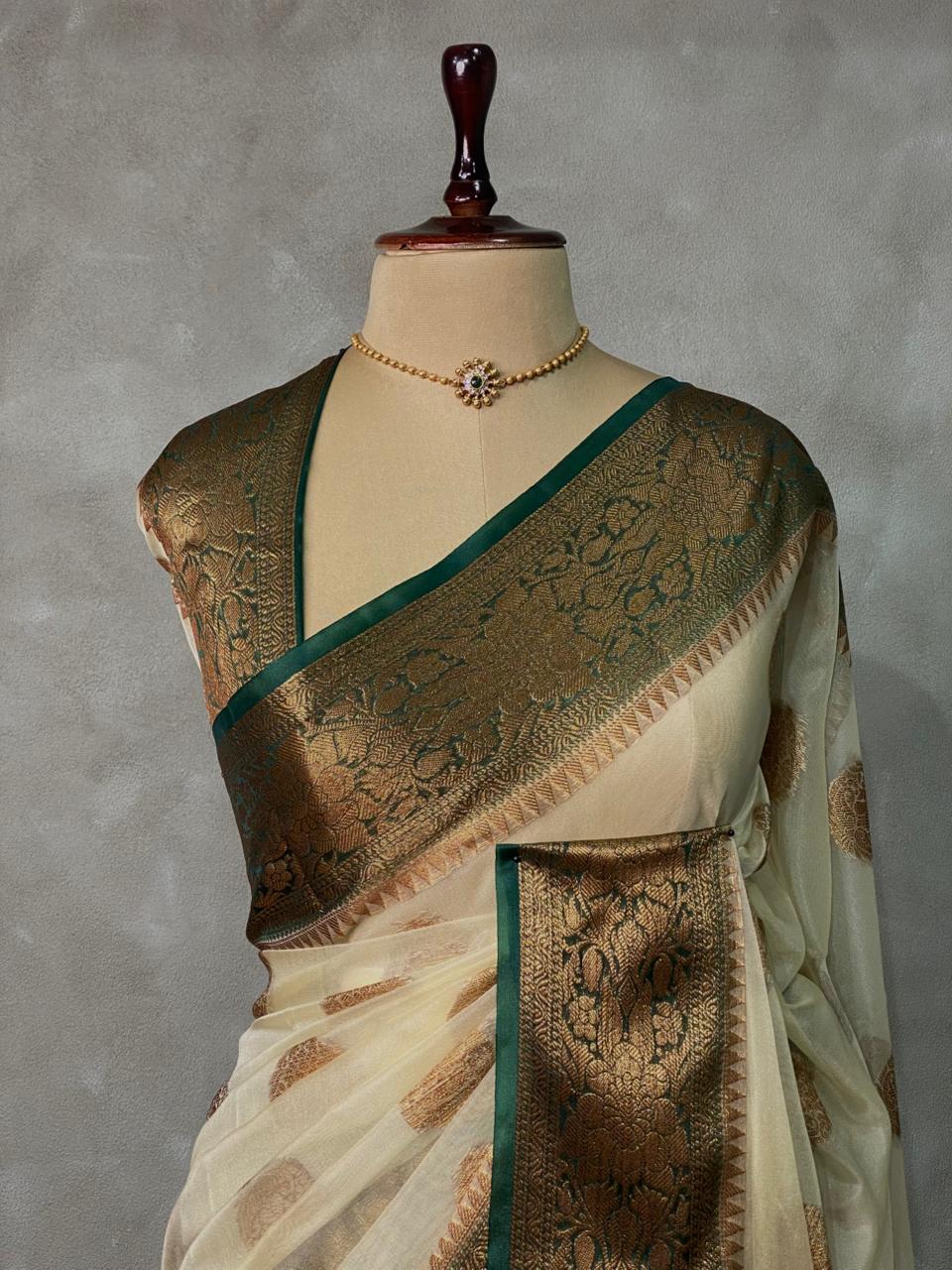 Off white and green Georgette saree -LZ10