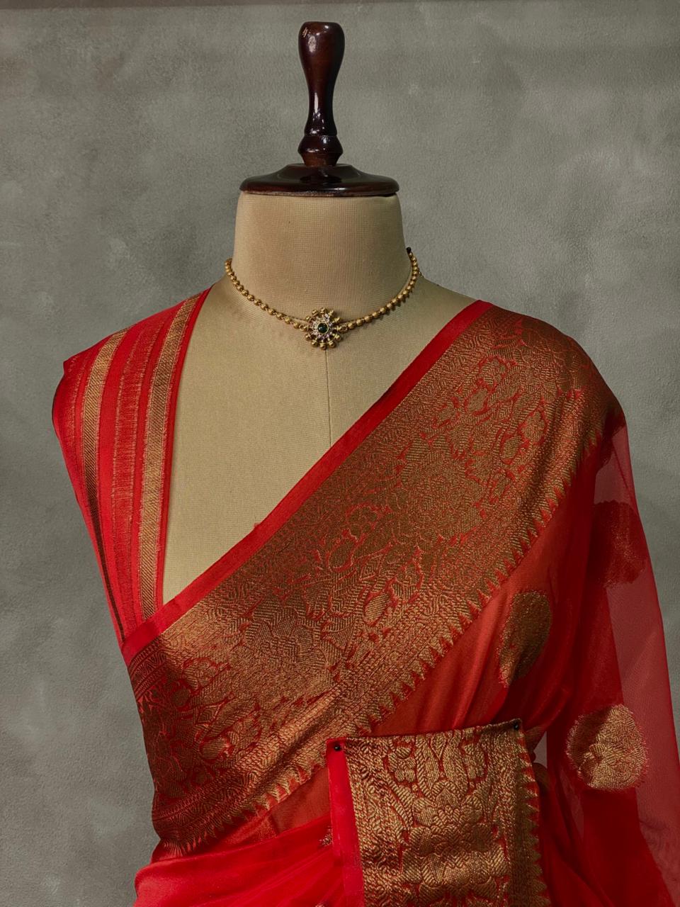 Off white and Red Georgette saree -LZ10C