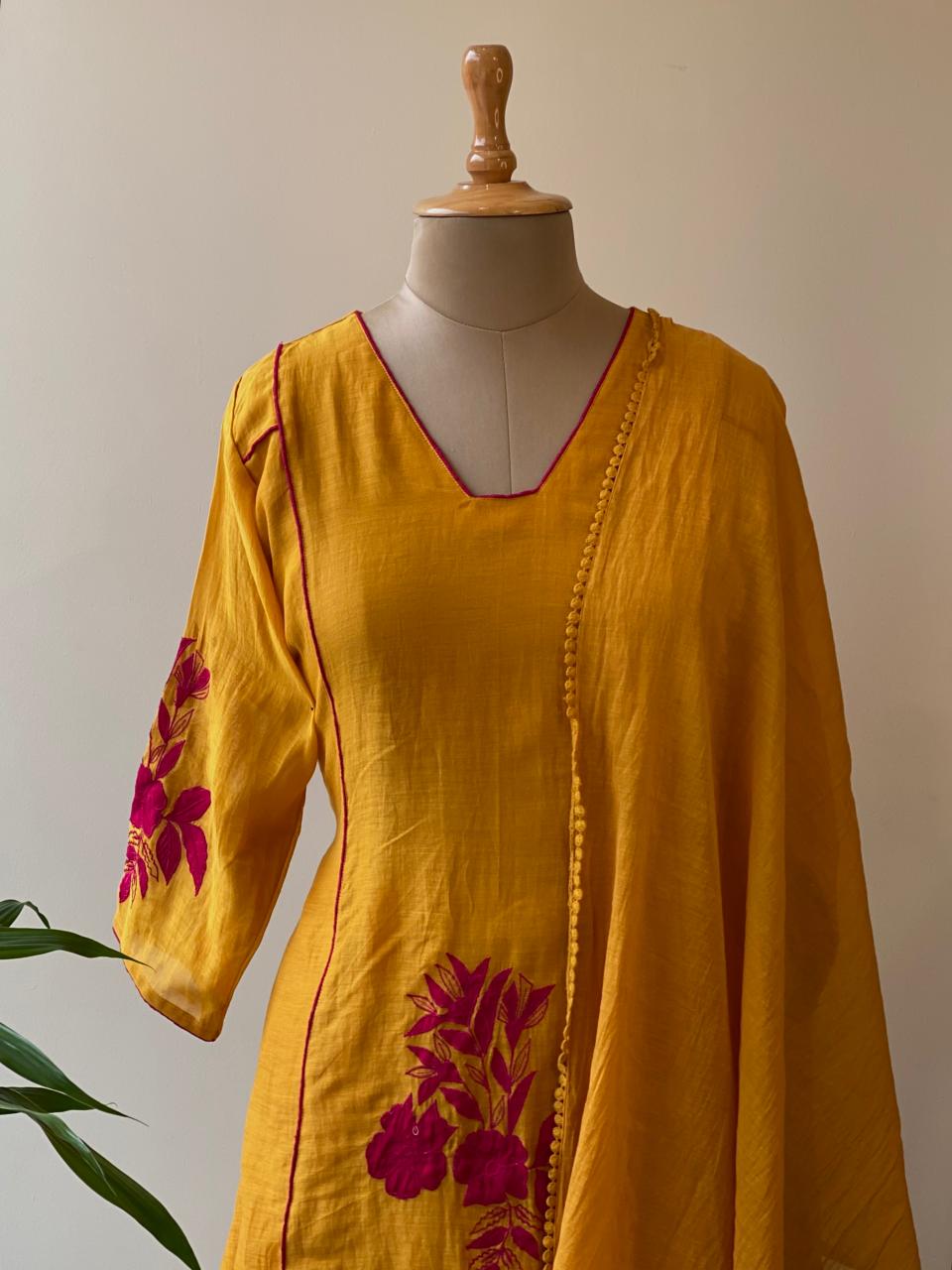 Yellow and magenta mul chanderi salwar set -SMUL3 -SIZE40