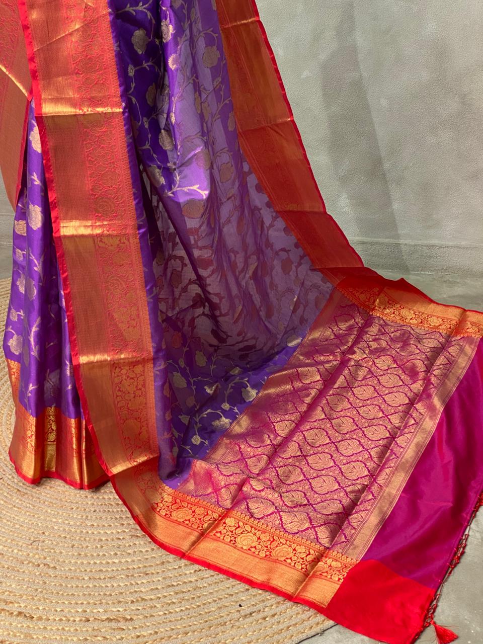 Violet and red Banarasi silk saree- PIH40