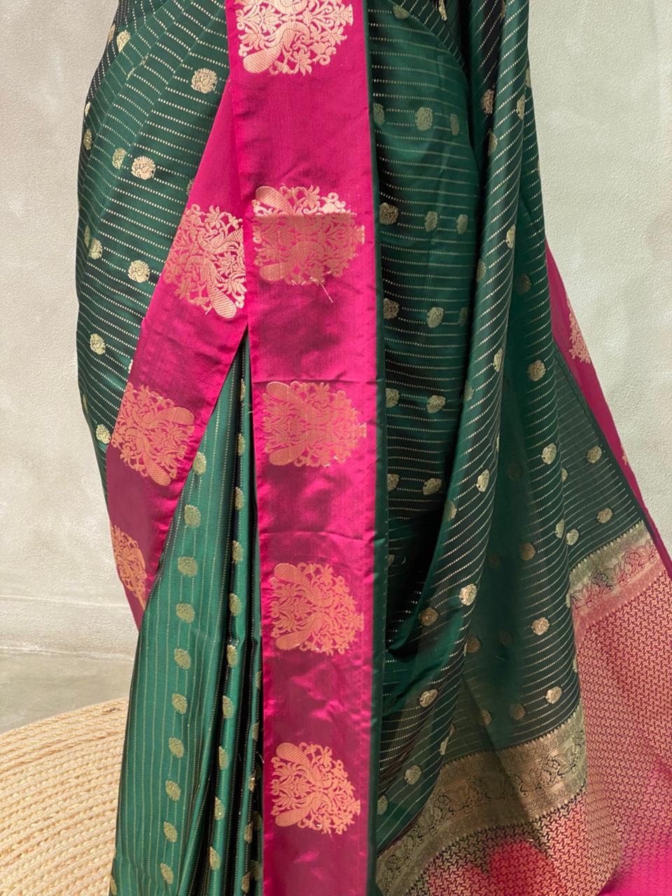 Bottle green and Magenta pure soft silk saree - PSOFTD6