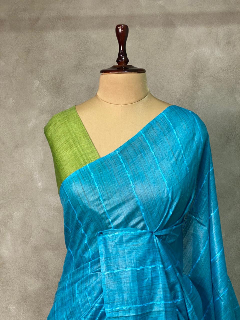 Blue and Green Tusser silk saree -SOT19