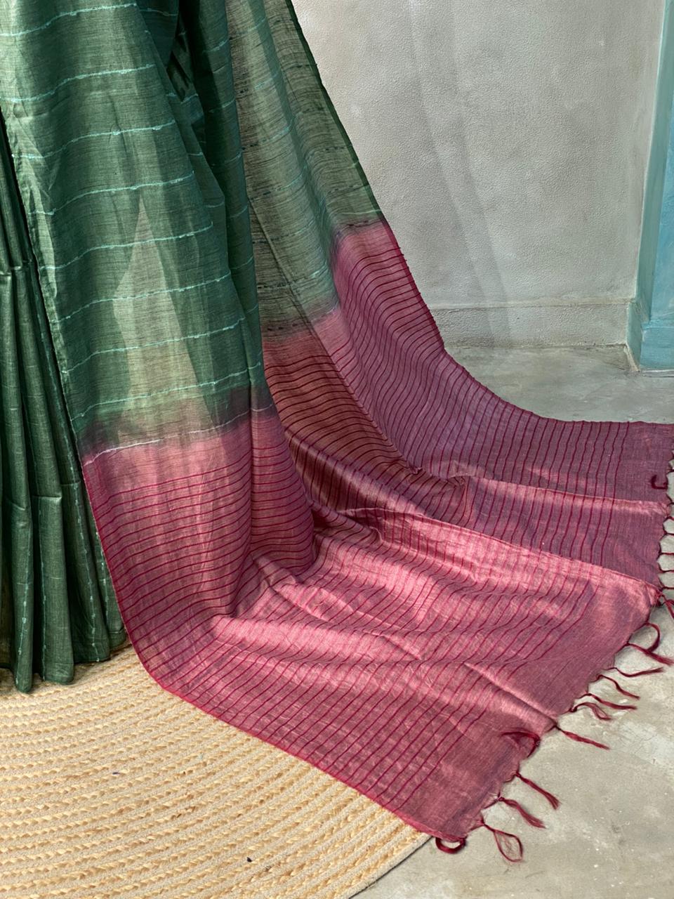 Moss green and onion pink Tusser silk saree -SOT18