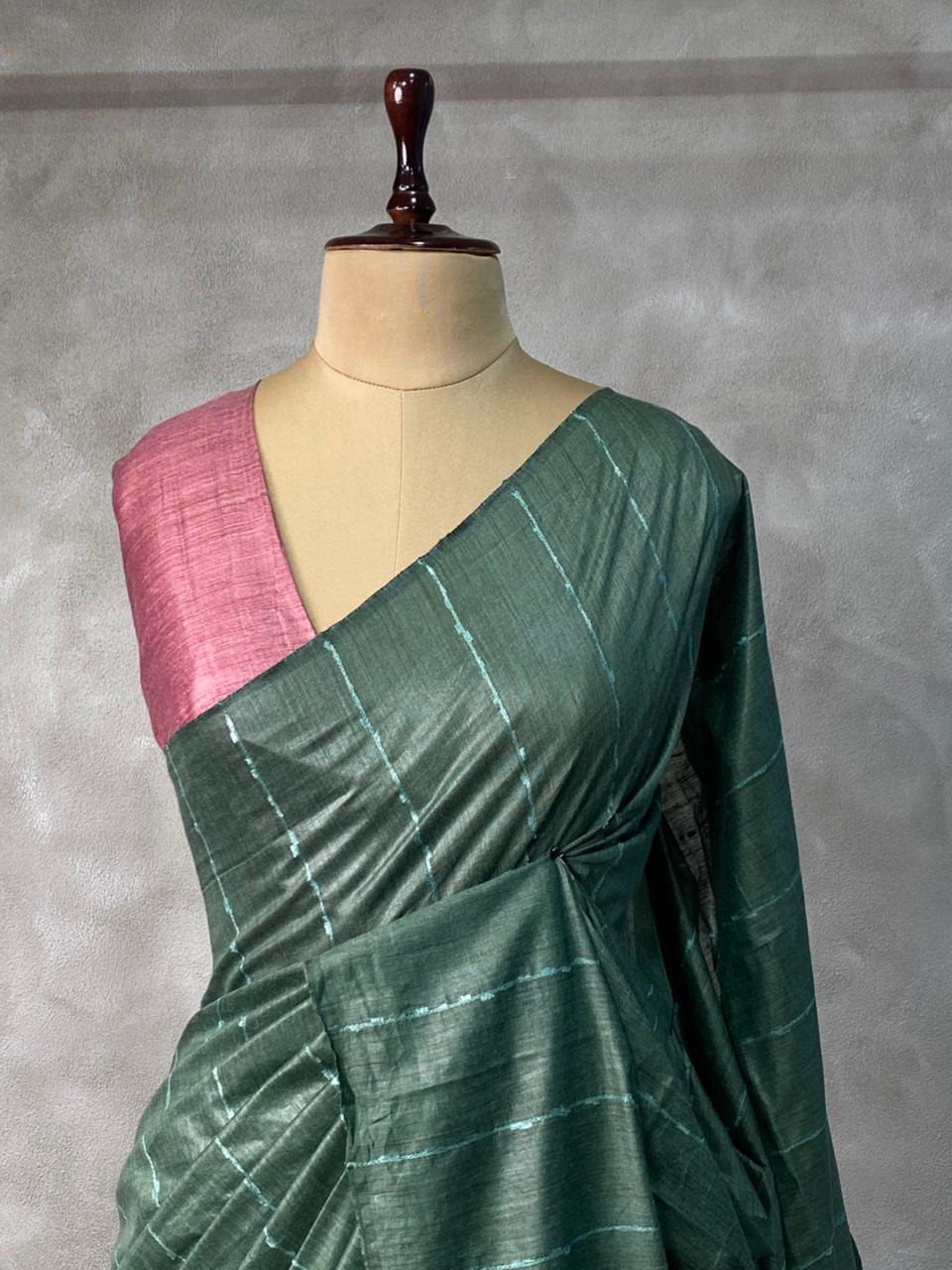Moss green and onion pink Tusser silk saree -SOT18