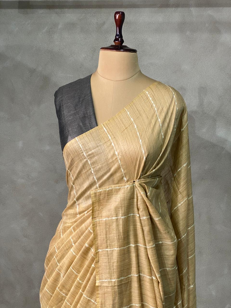 Deep sandal and Ash Tusser silk saree -SOT17