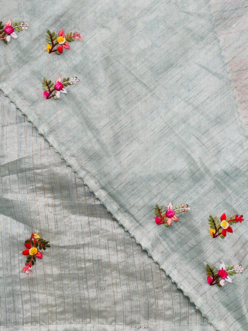 Pastal Bluish green jute tissuesaree -VR2C