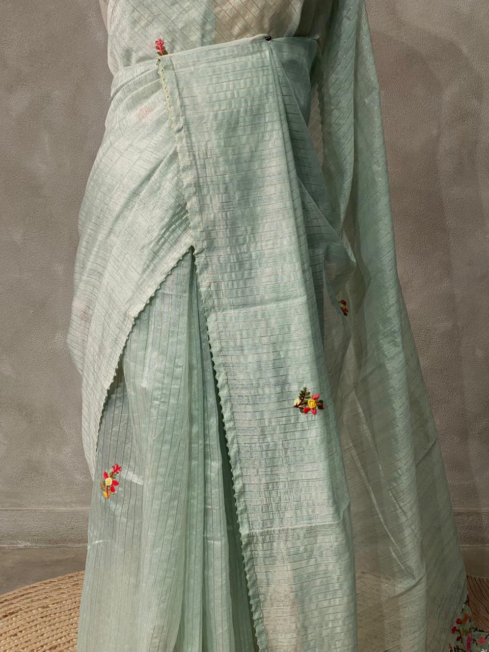 Pastal Bluish green jute tissuesaree -VR2C