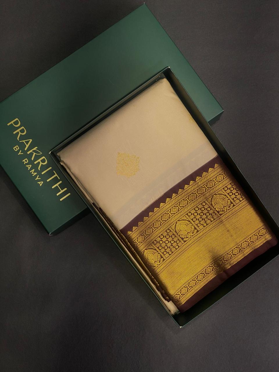 Beige and Deep purple kanchipuram silk saree- PSSR248