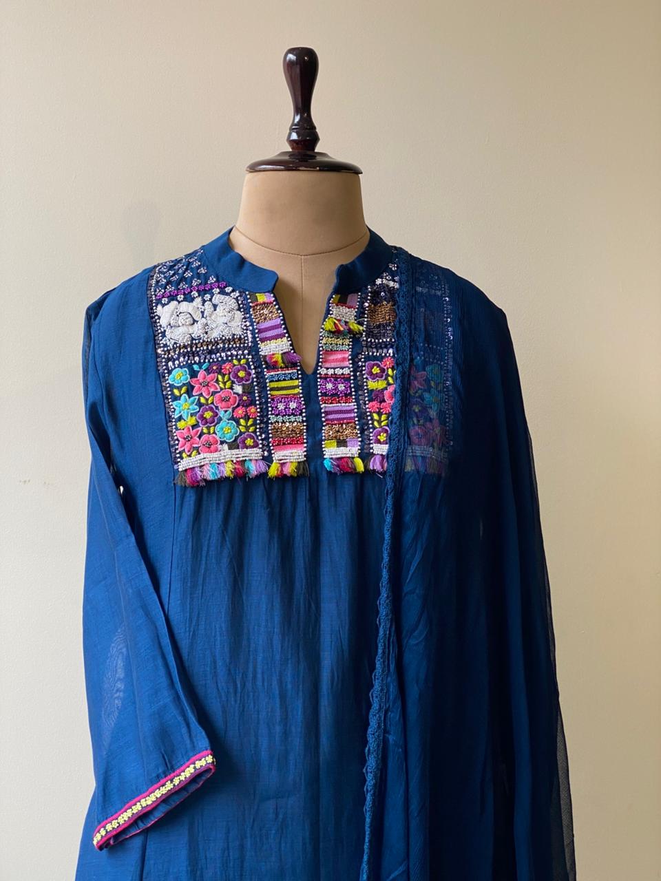 Blue Pure mul chanderi salwar set -SMUL21-SIZE40