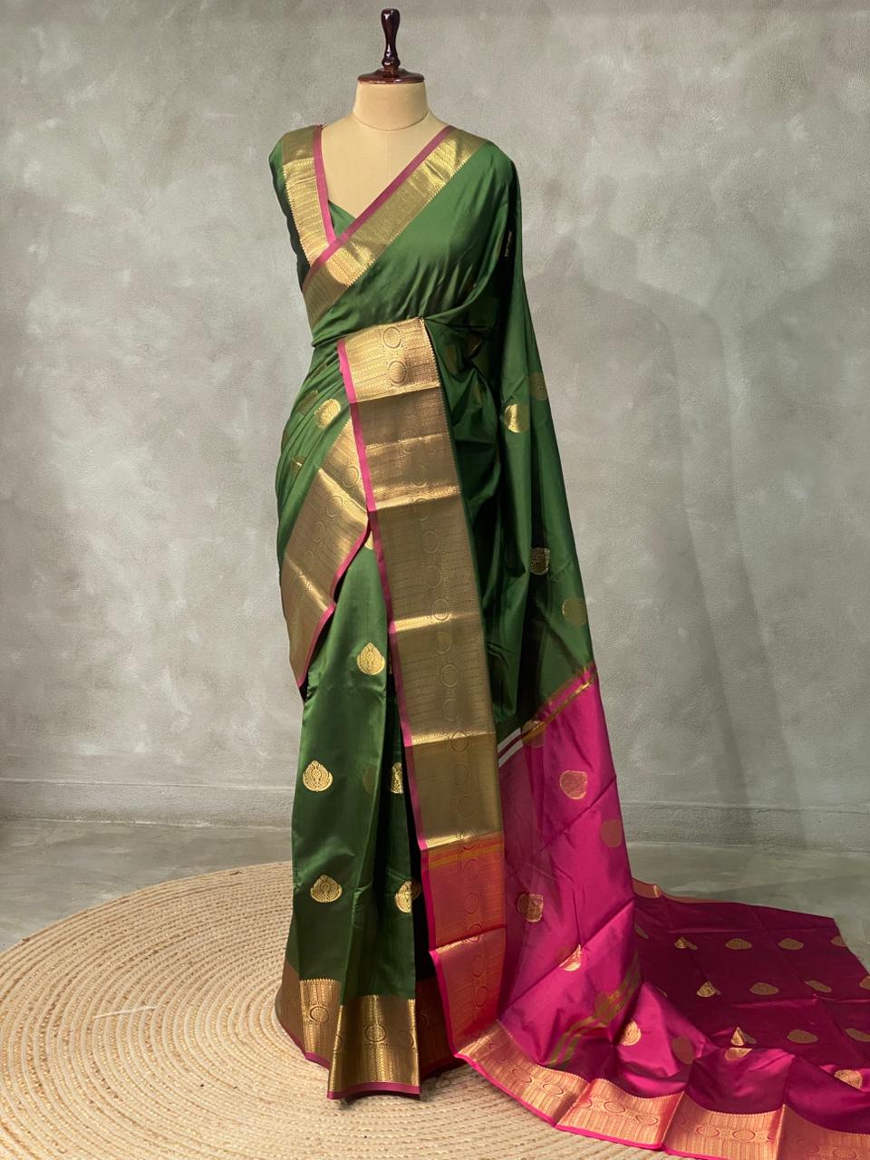 Olive Green and Magenta semi kanchipuram soft silk saree - PSSN142