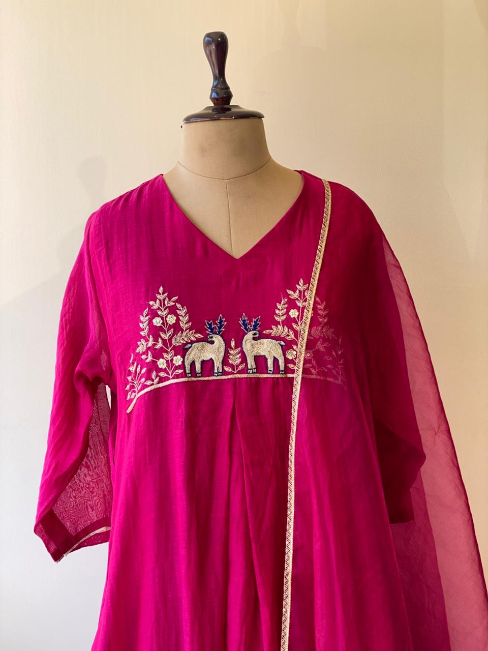Rani pink Pure mul chanderi salwar set -SMUL37- SIZE42