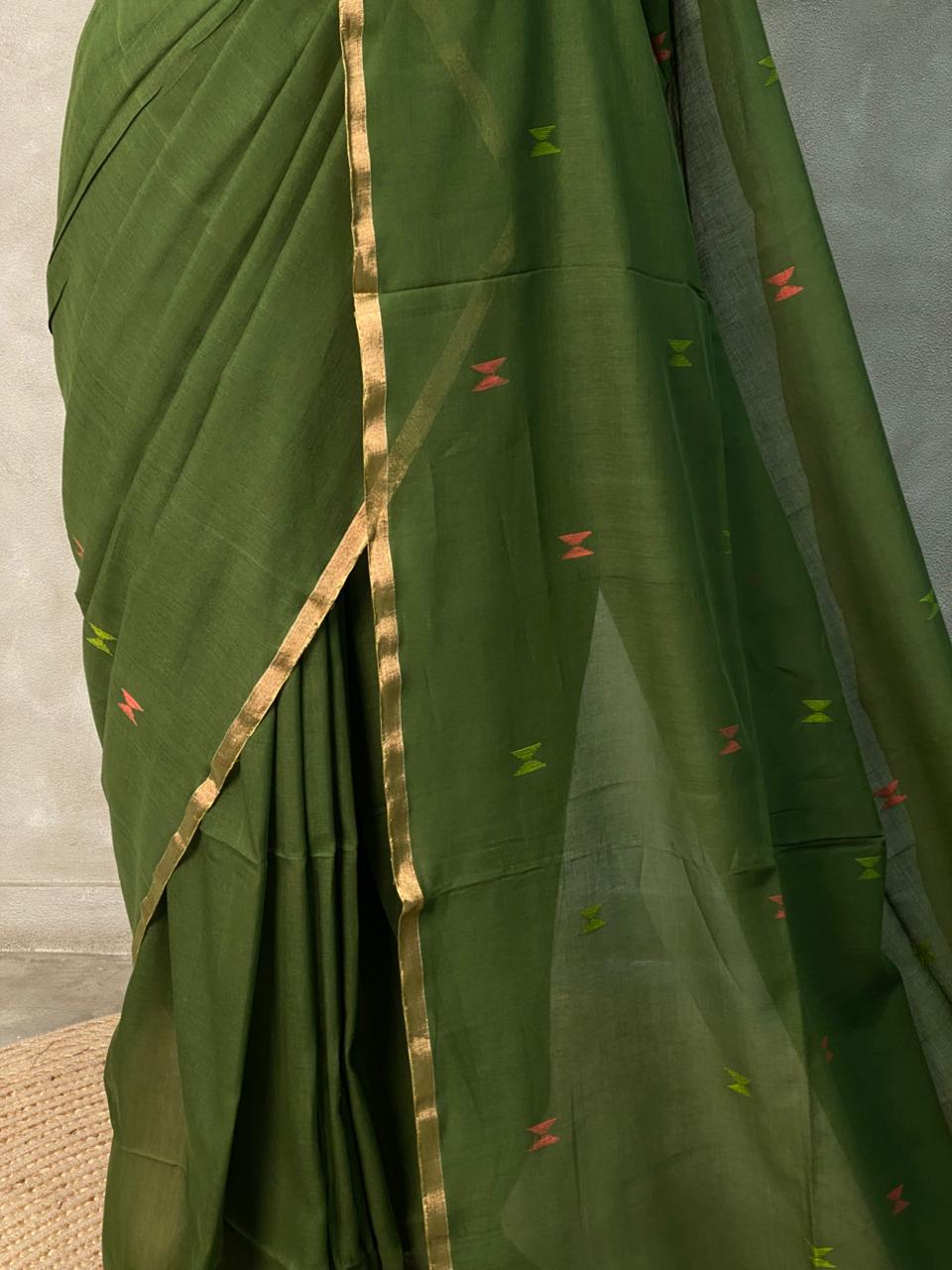 Olive Green khadi cotton saree - PRAJC9