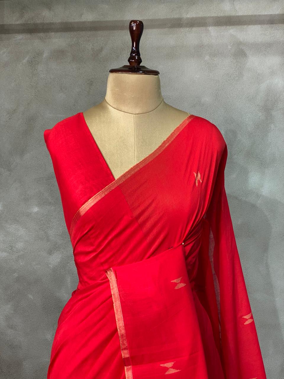 Red khadi cotton saree - PRAJC10