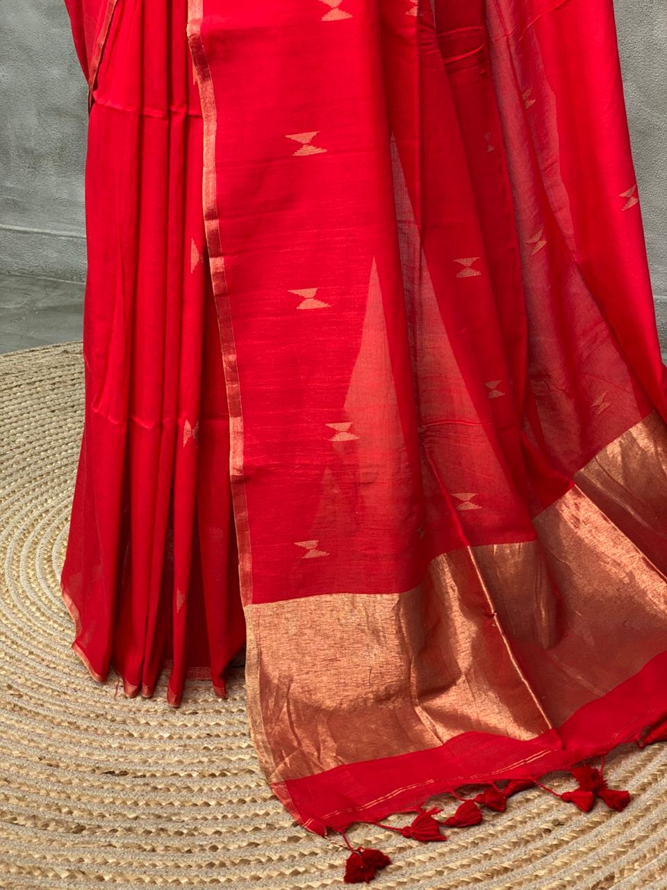 Red khadi cotton saree - PRAJC10