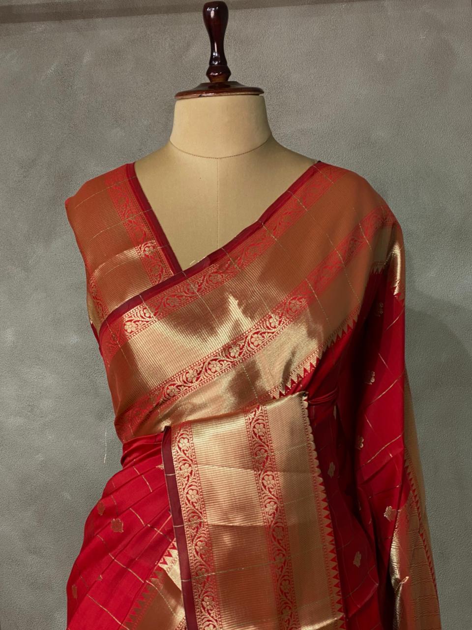 Dark Red Banarasi silk Saree - RUK1