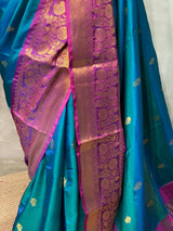 Peacock blue and Purple semi Banarasi silk saree -MPS37