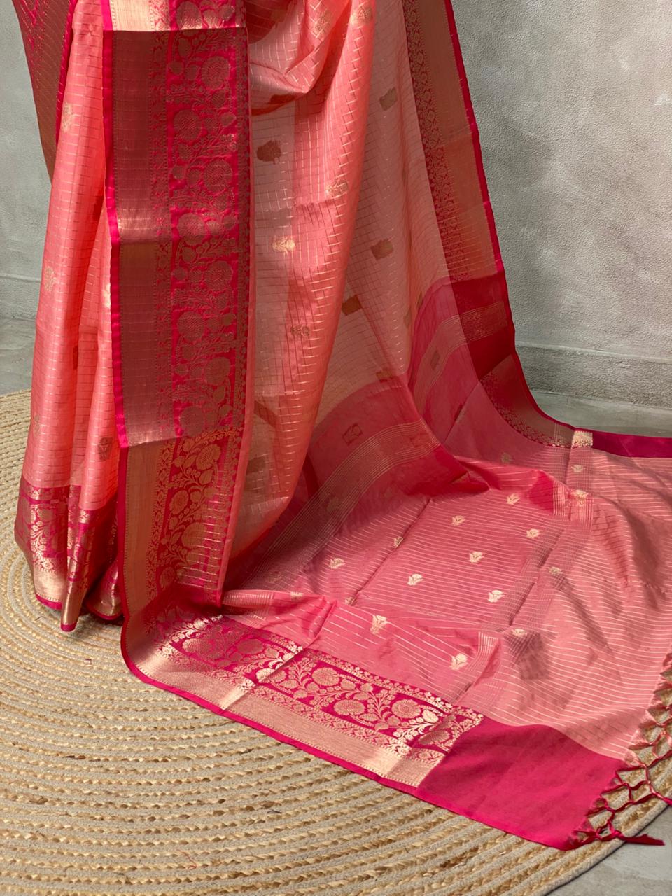 Peach and pink semi Banarasi silk saree -MPS45