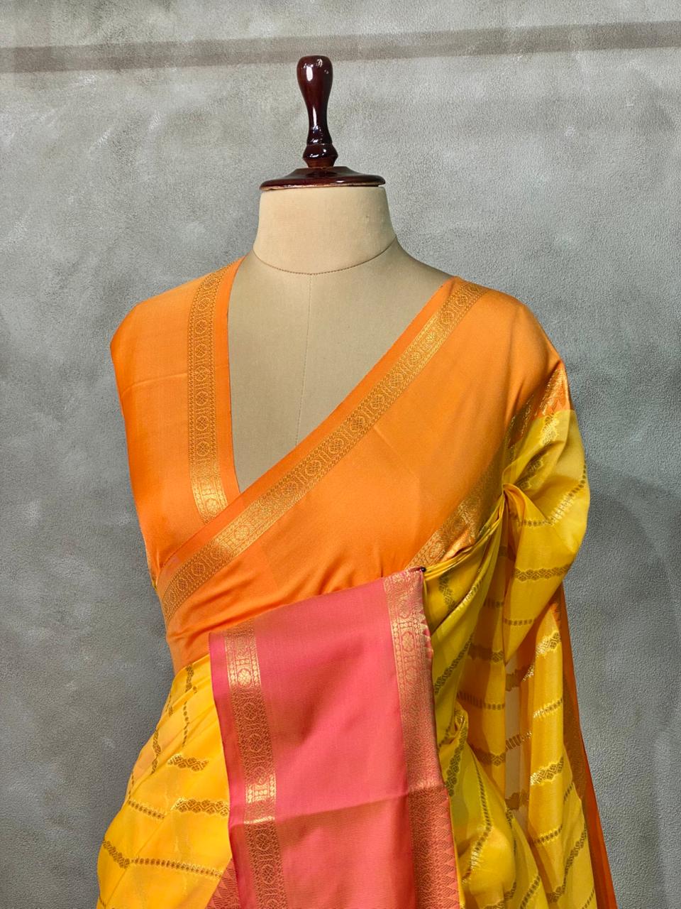Yellow and Magenta semi Banarasi silk saree -PIH42