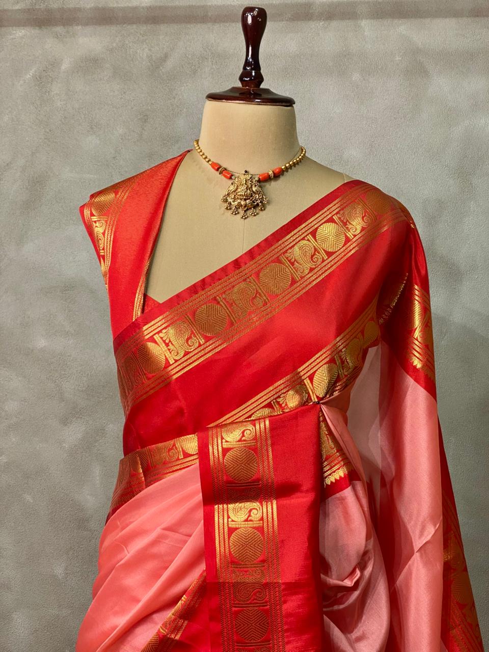 Peach and Red semi Banarasi silk saree -PIH43
