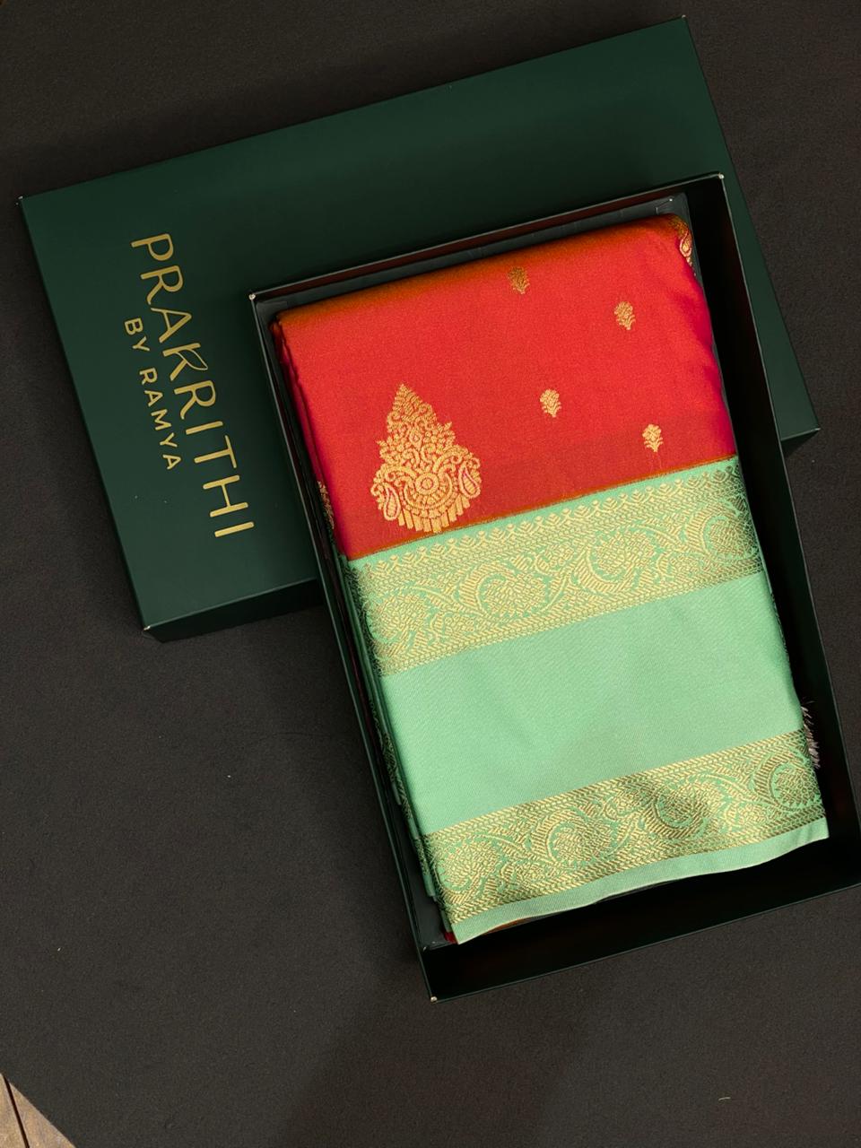 Pinksh Peach and Aqua Blue kanchipuram silk saree- PSSR248