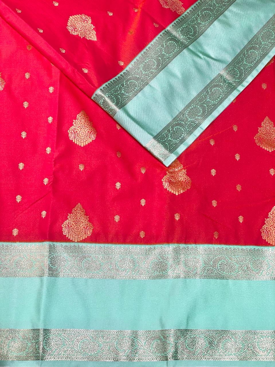 Pinksh Peach and Aqua Blue kanchipuram silk saree- PSSR248