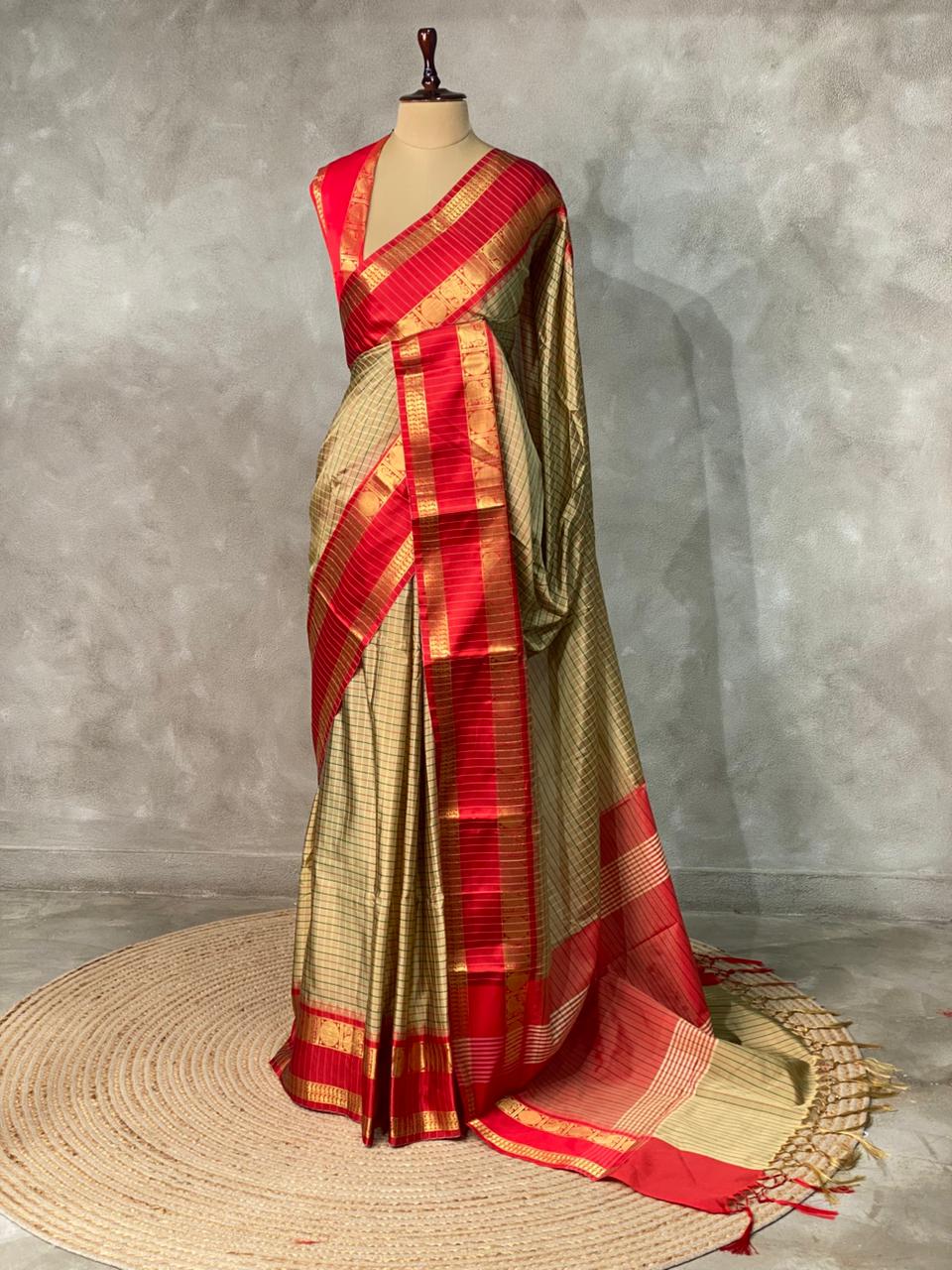 Light Gold and Red semi Banarasi silk saree -MPS40