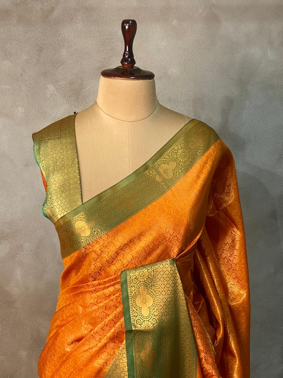 Yellow and Green Semi brocade Banarasi silk saree- PBROS4