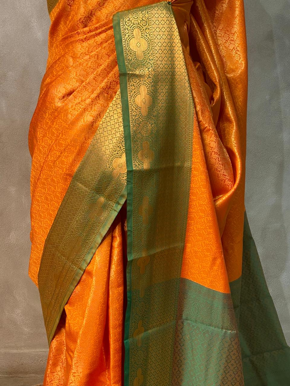 Yellow and Green Semi brocade Banarasi silk saree- PBROS4