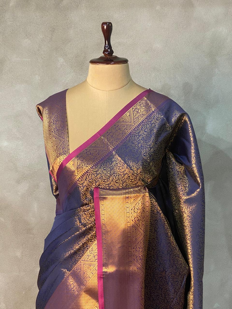 Blue and Magenta Semi brocade Banarasi silk saree- PBROS5