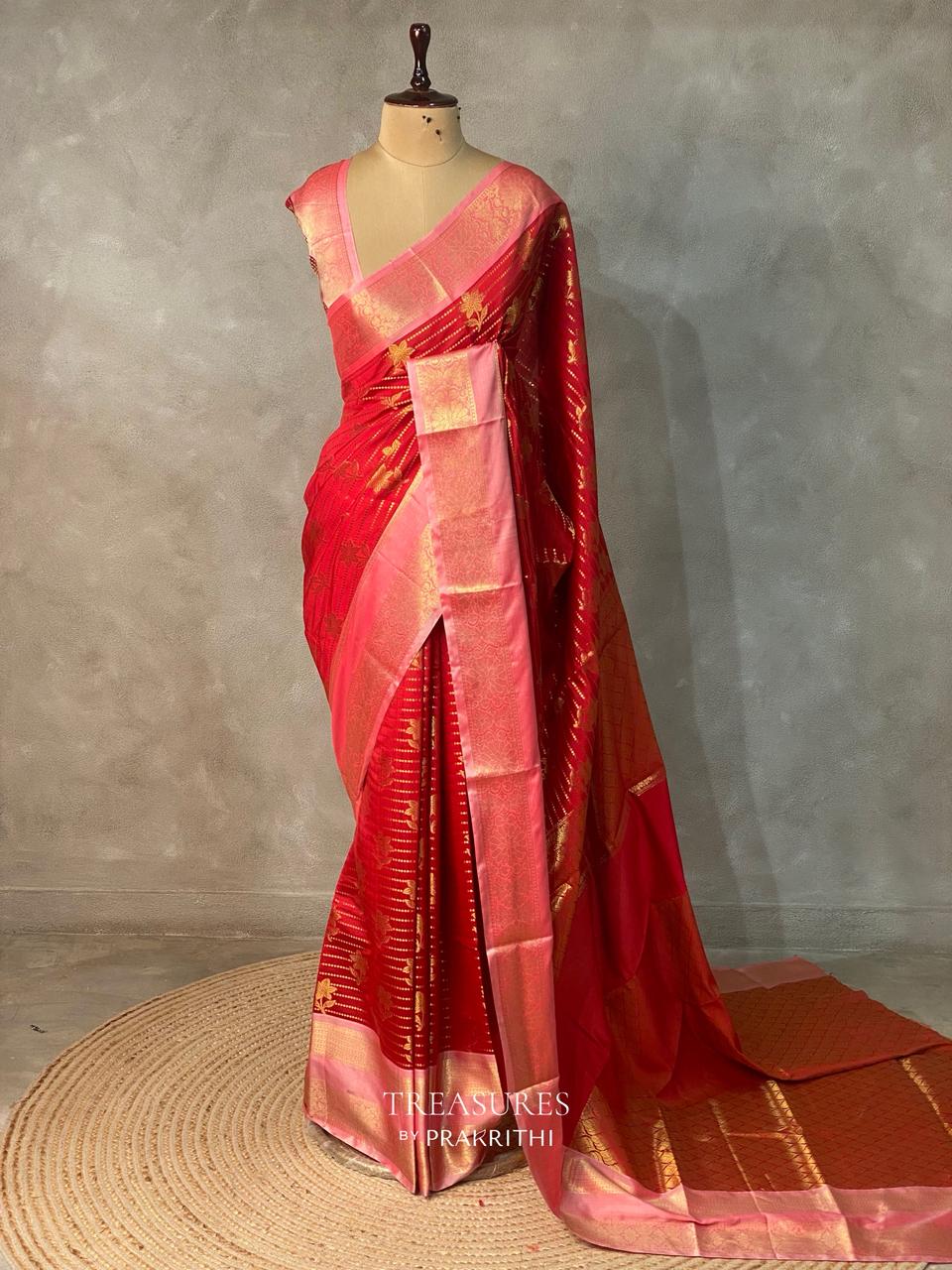 Red and Pink semi Banarasi silk saree -PIH46