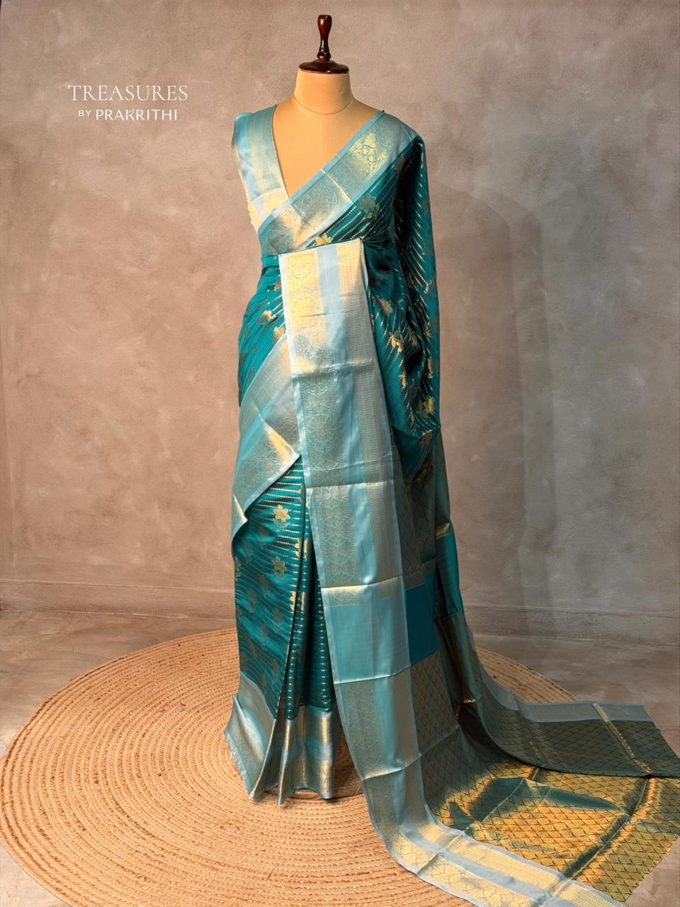 Peacock blue semi Banarasi silk saree -PIH46A