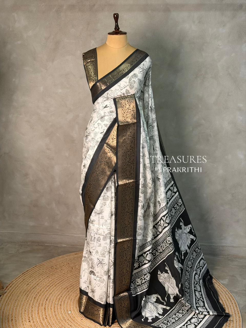 White and black soft silk saree - PSV5