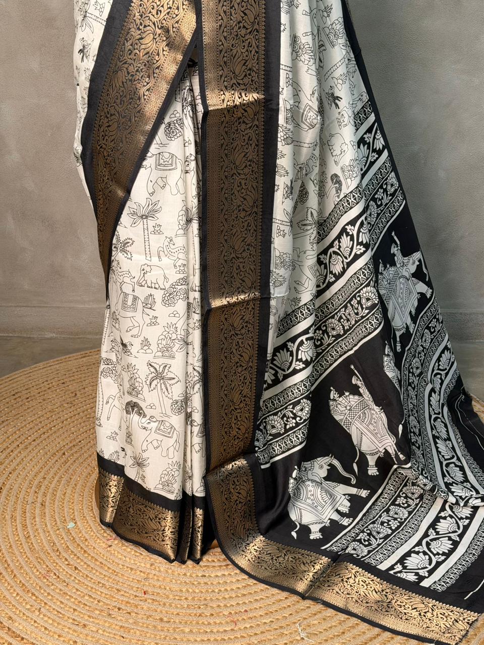 White and black soft silk saree - PSV5