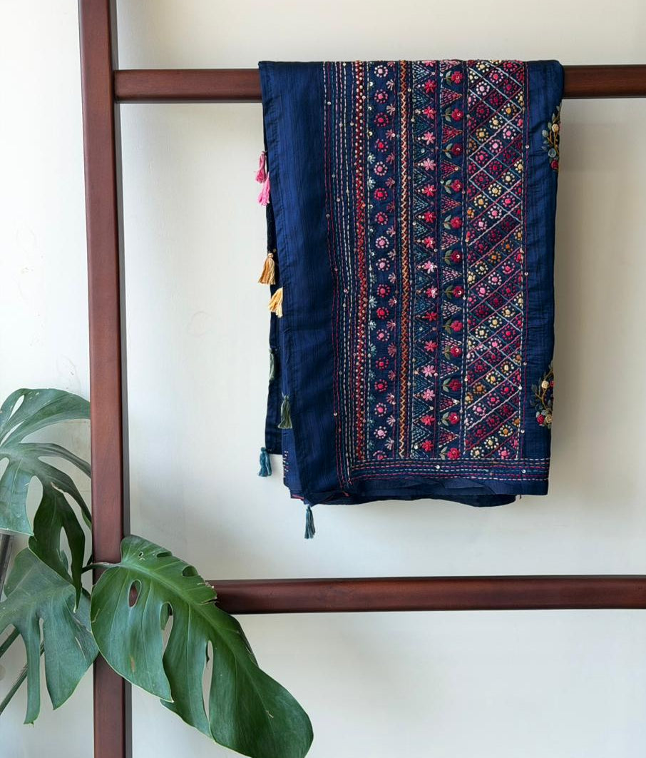 Navy Blue Hand embroidered Saree - PSSU1A