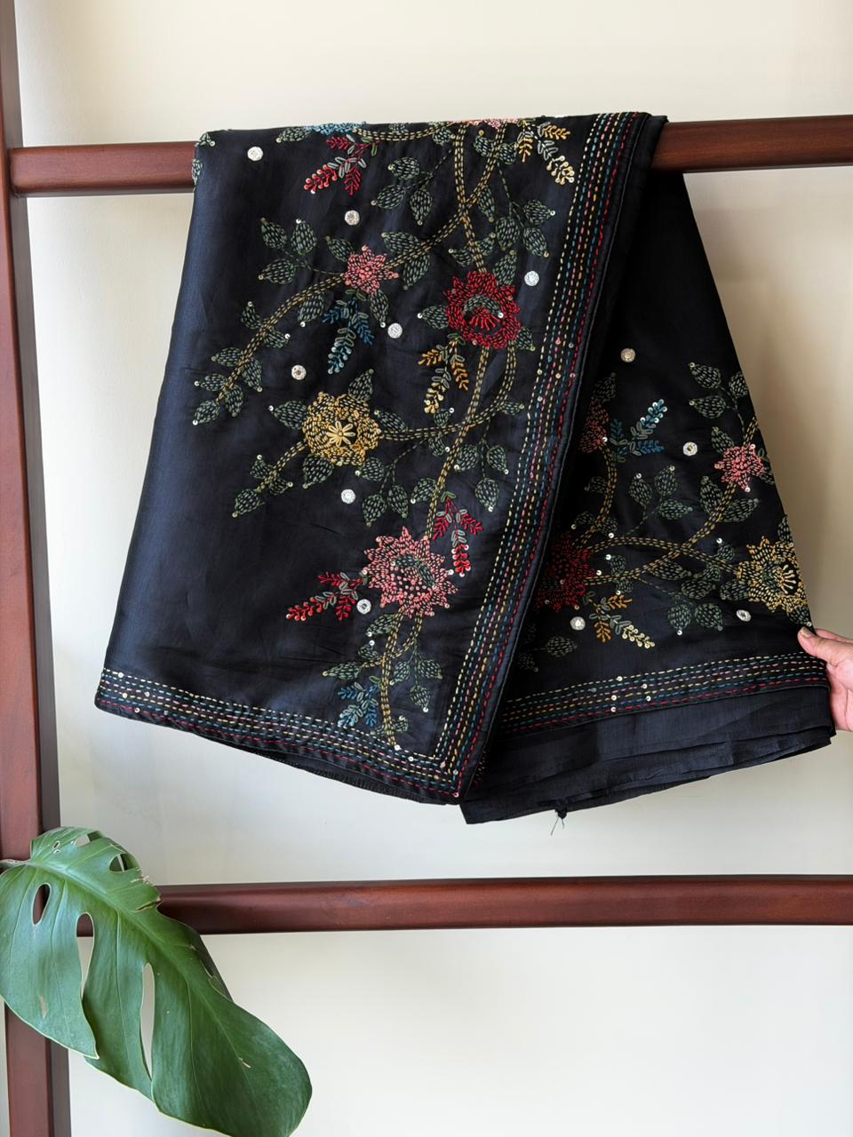 Black kantha Hand embroidered Saree - PSSU1G