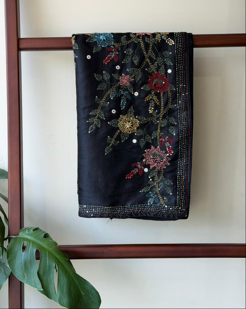 Black kantha Hand embroidered Saree - PSSU1G